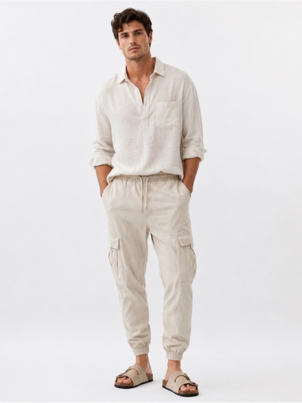 Zara Mens Beige Linen Blend Utility Cargo Jogger Pants Size Large